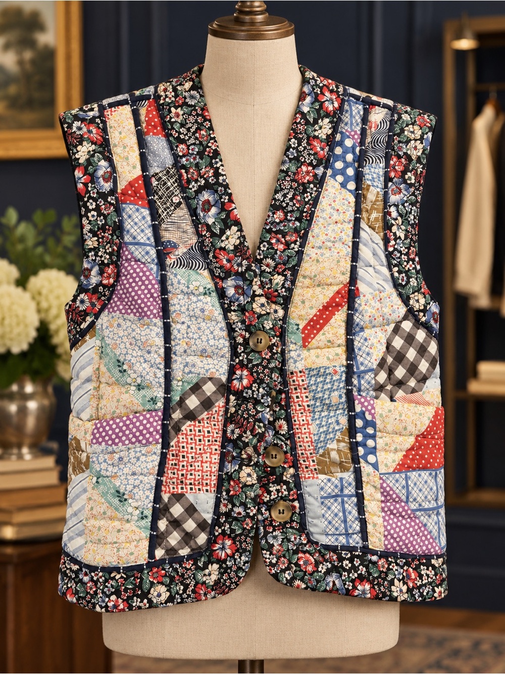 Hunter Bell Quilted Patchwork Floral Vest - Multicolor Sz S